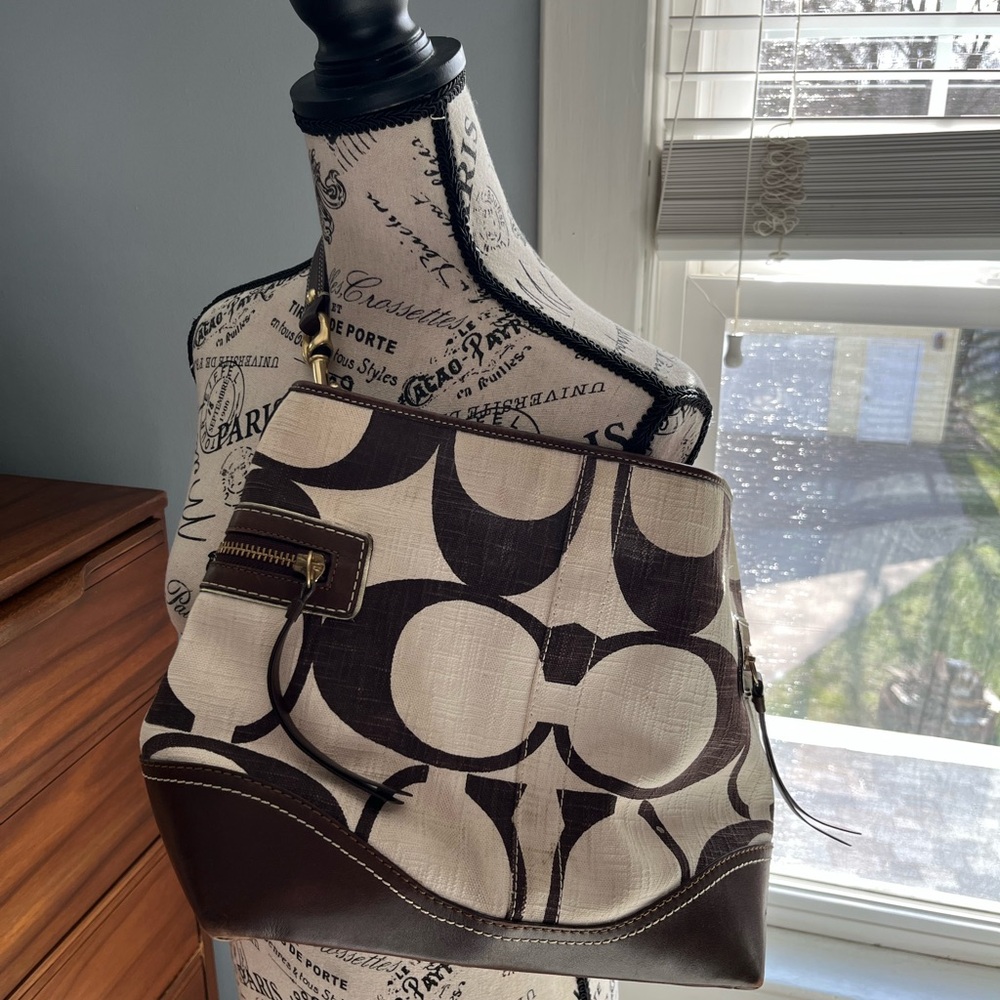 Coach Black and Brown Linen Logo Shoulder Purse